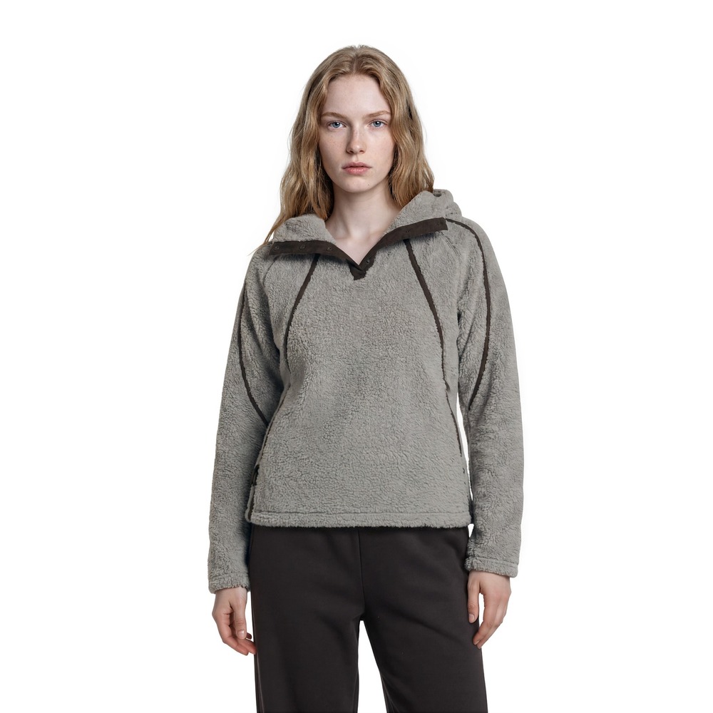 Kuhl Fleece Hoodie Top Women's Size Small Gray Sherpa Snap Neck Pullover Pockets